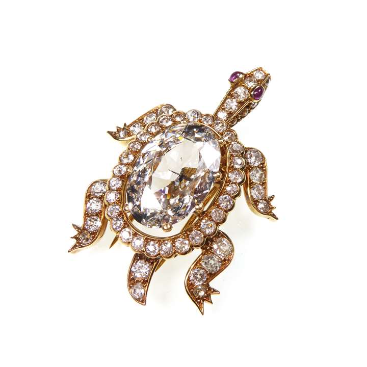 Diamond turtle brooch the back formed by a principal old oval cut diamond